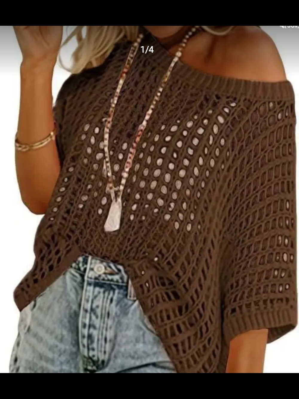 Brown Open-Knit Off-Shoulder Tunic Sweater
